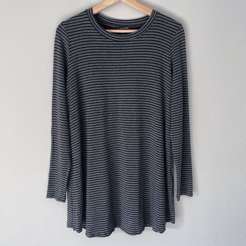 Eileen Fisher Long Sleeve Tunic Top S Stripe Gray Black Lagenlook Casual Tencel
